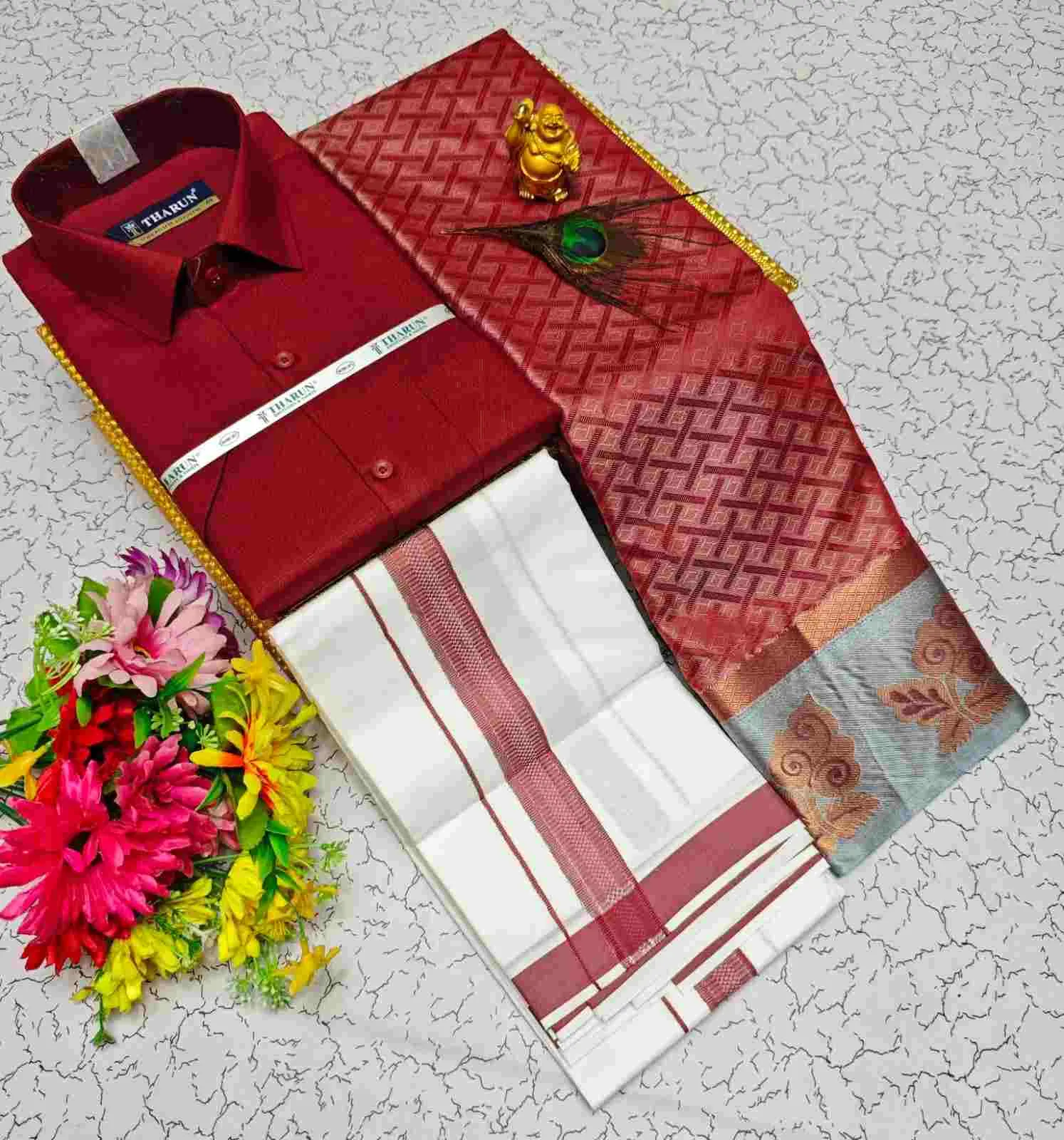 Gorintaku Crimson Geometric Contrast Silk Couple Combo